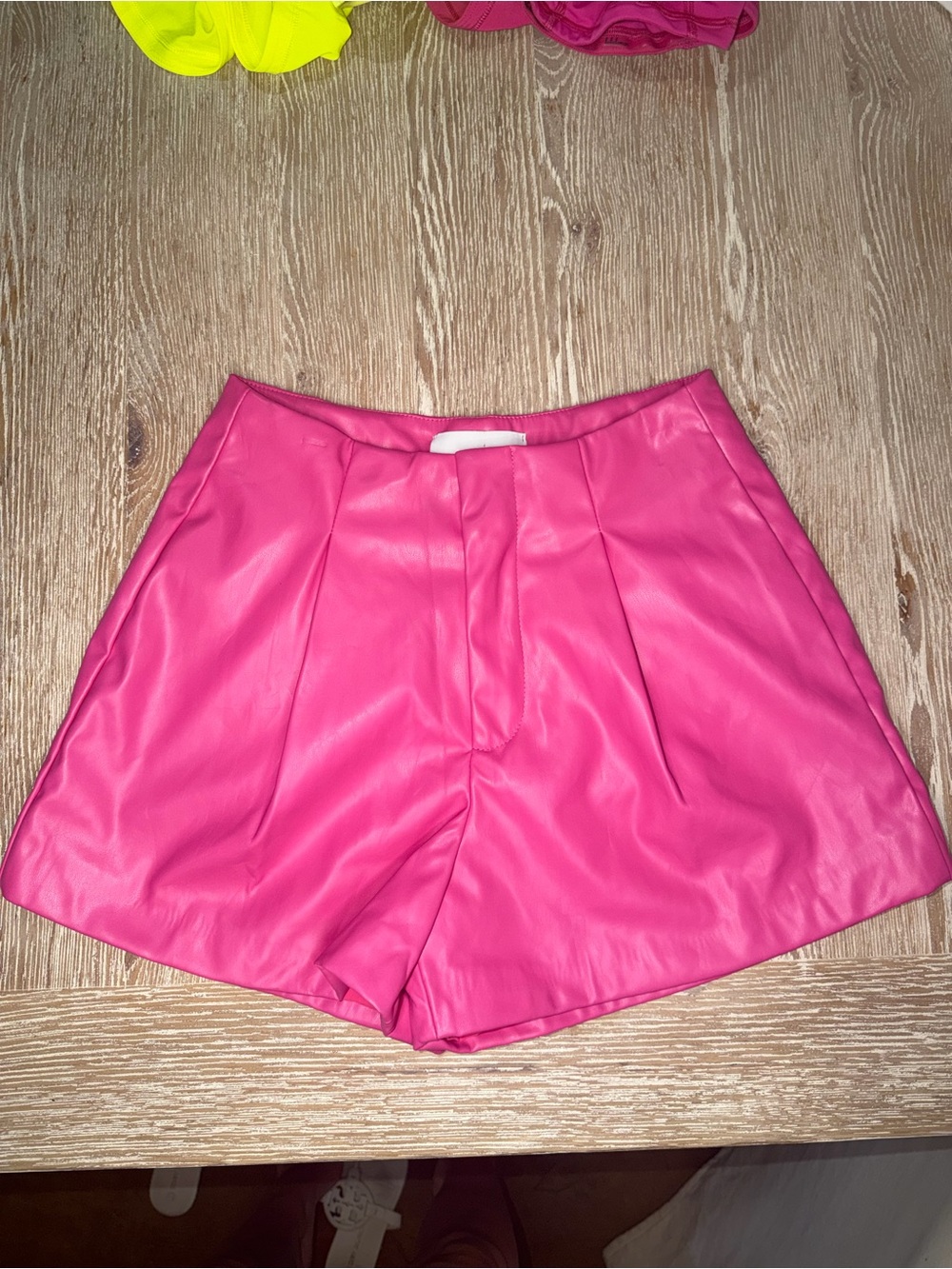 High-Rise Hot Pink Faux Leather Bermuda Shorts